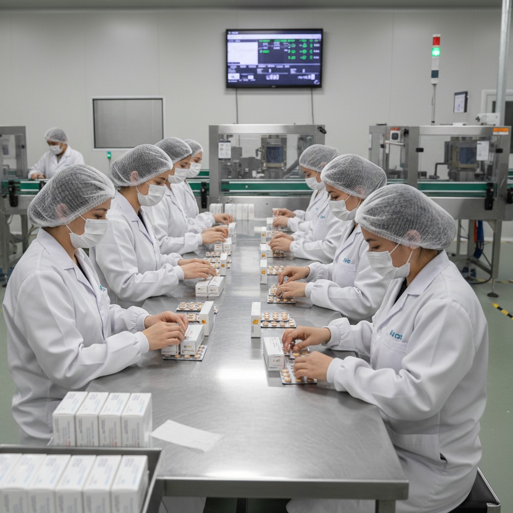 Gerar uma imagem de pessoas da fabrica de medicamento, embalando remedios em uma mesa, imagem profissional