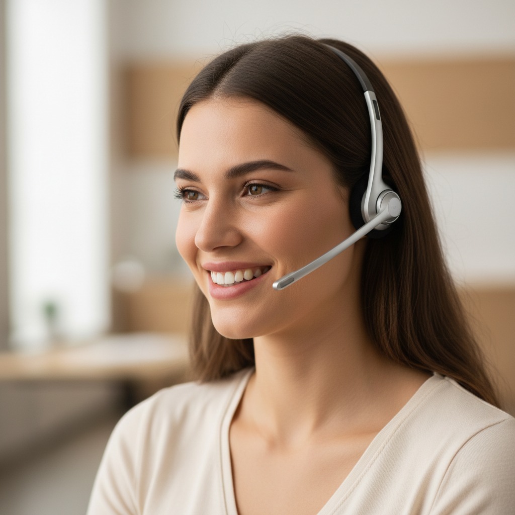 Gerar uma imagem de uma moça jovem atendendo um telefone ou com um hedser no ouvido. Somente a imagem da pessoa, não precisa colocar a mesa de atendimento